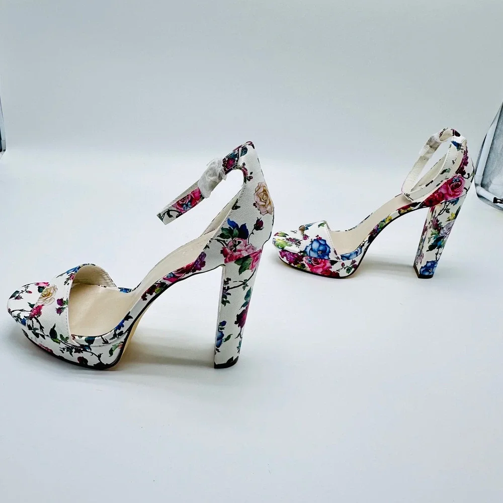 Davids Bridal Flora Floral Platform Block‎ Heels Ankle Strap 8.5M Wedding Fairy